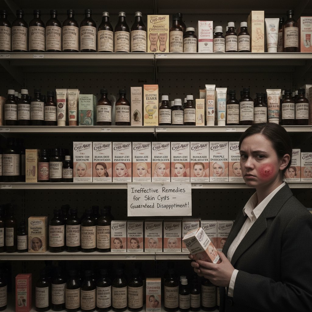 Zdjęcie apteki z półką pełną nieskutecznych preparatów na kaszaki