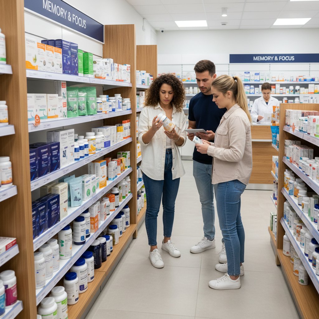 Polska apteka z półkami suplementów i młodymi osobami szukającymi produktów na pamięć