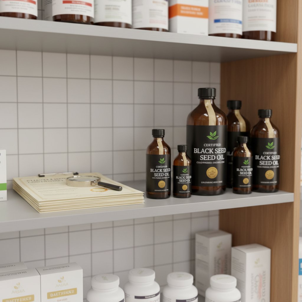Półka apteczna z certyfikowanymi produktami czarnuszki i dokumentami jakości