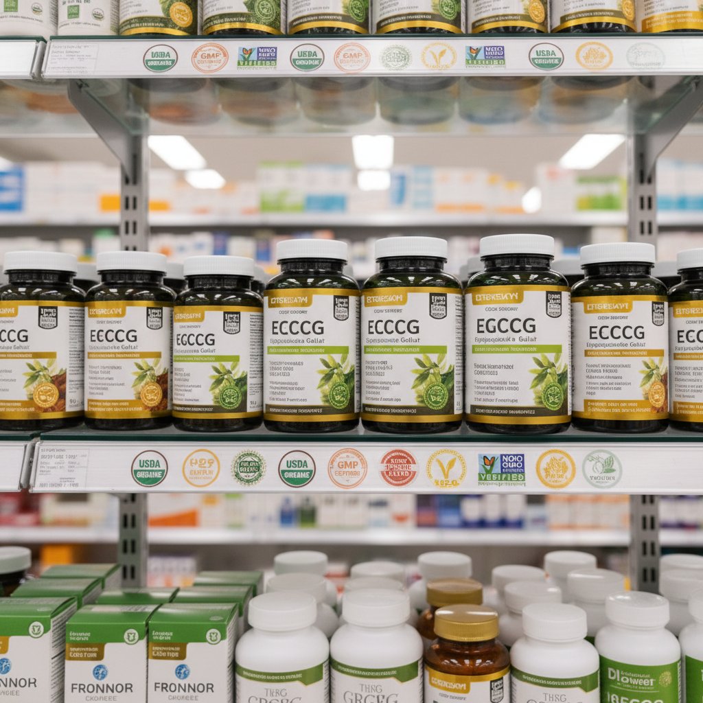 Suplementy EGCG na półce z certyfikatami jakości, jasne światło