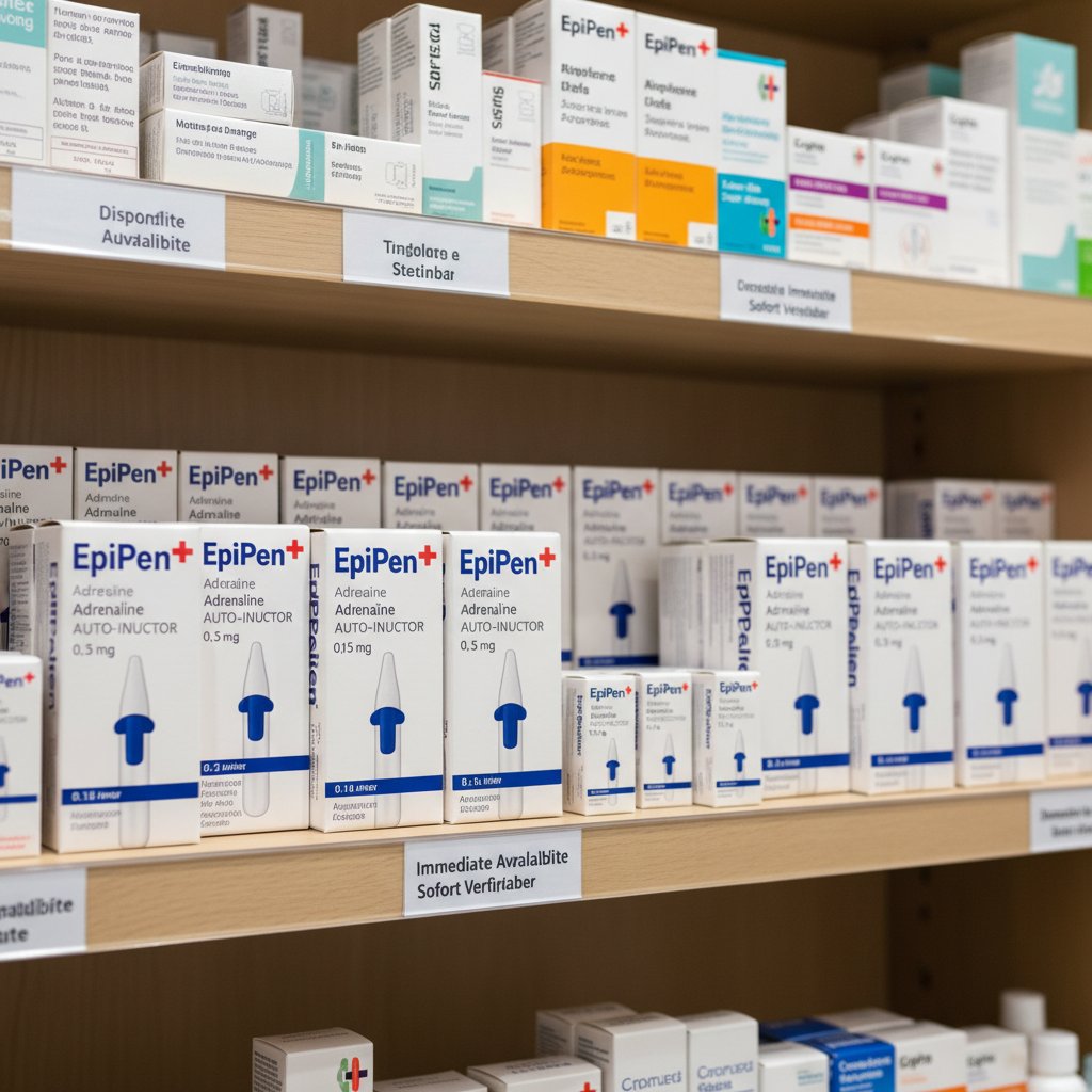 Porównanie dostępności autostrzykawek w Europie – zdjęcie półki aptecznej z różnymi produktami