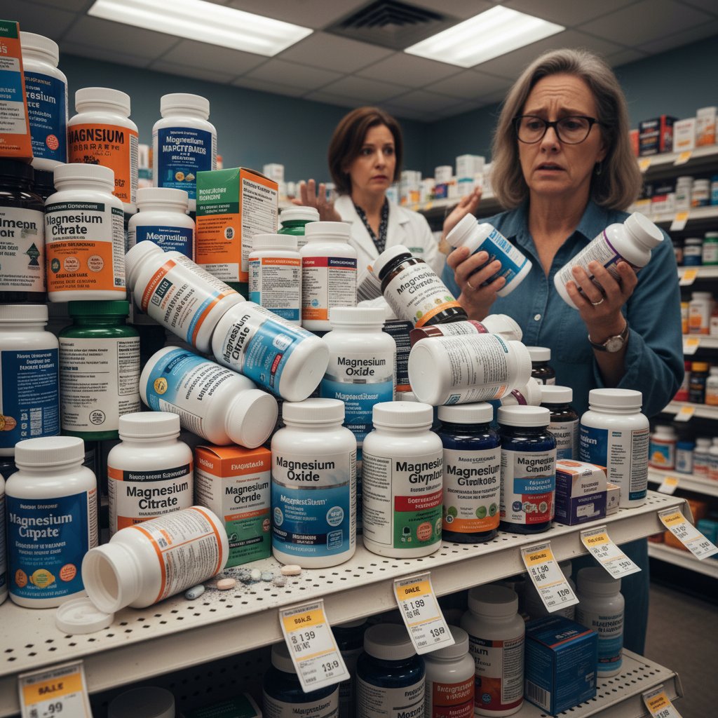 Regał apteczny pełen podobnych opakowań magnezu, chaos i dezorientacja
