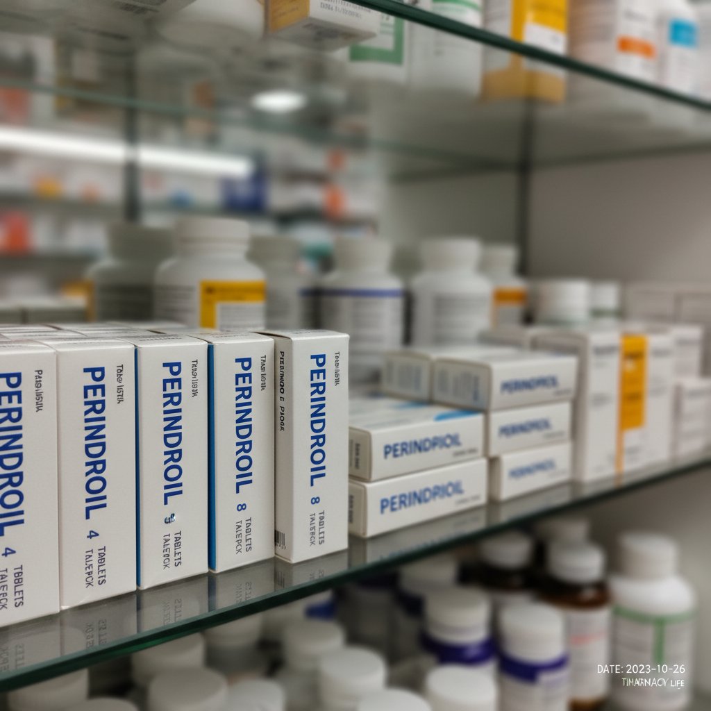 Apteczna półka z lekami perindoprilu w różnych opakowaniach na przestrzeni lat