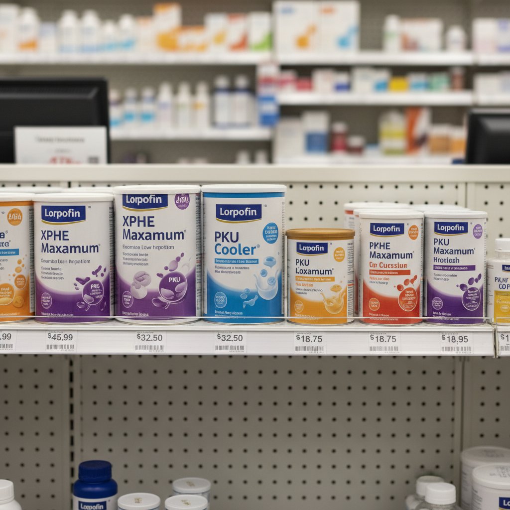 Półka apteczna z preparatami PKU, widoczne ceny i ograniczona ilość produktów