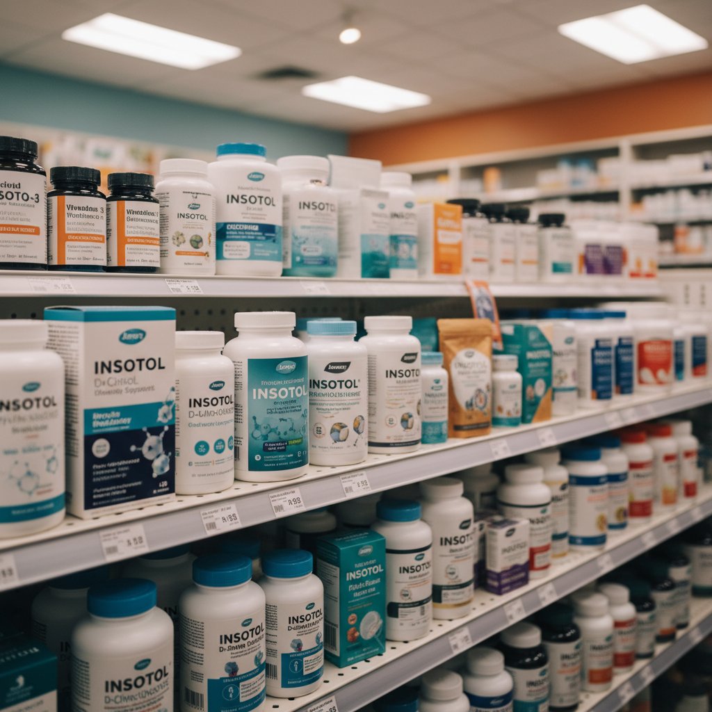 Zdjęcie półki z suplementami w polskiej aptece, z widocznymi etykietami