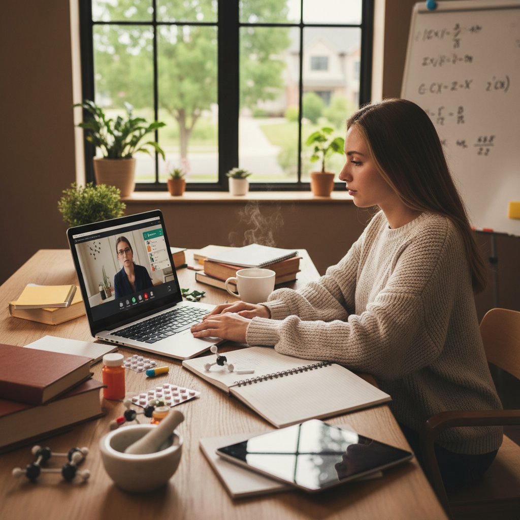 Studentka farmacji korzystająca z laptopa i platformy edukacyjnej w domowym otoczeniu