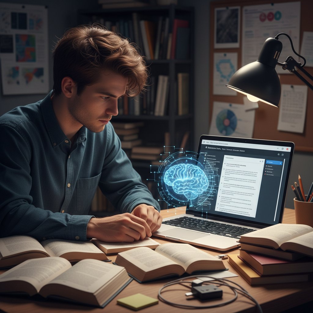 A doctoral student using an AI writing assistant on a laptop, looking both empowered and wary, with drafts and academic books in the background.