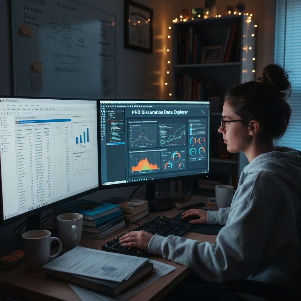 PhD student at desk with dual monitors, running SPSS, RStudio, and data visualization dashboards