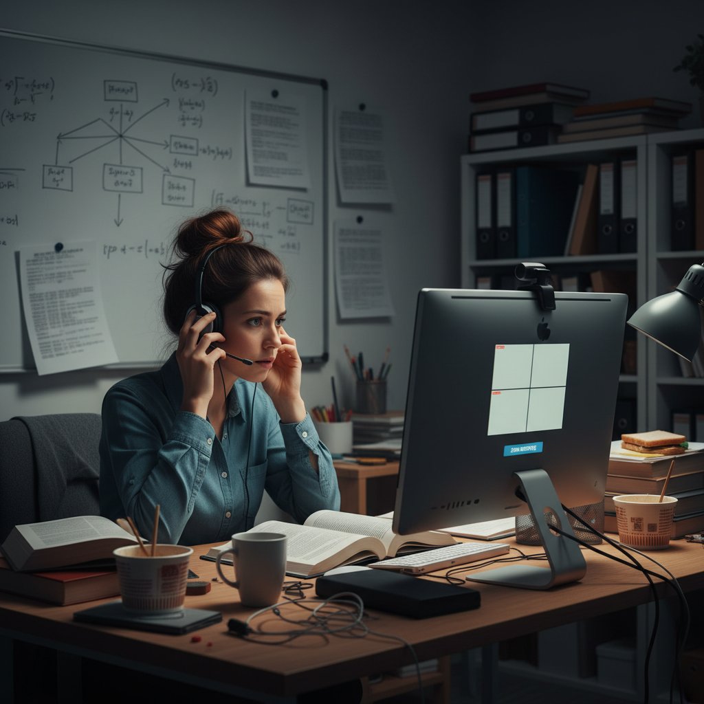 Organizacja miejsca pracy doktoranta przed konsultacją online, laptop, notatki, kawa, atmosfera skupienia