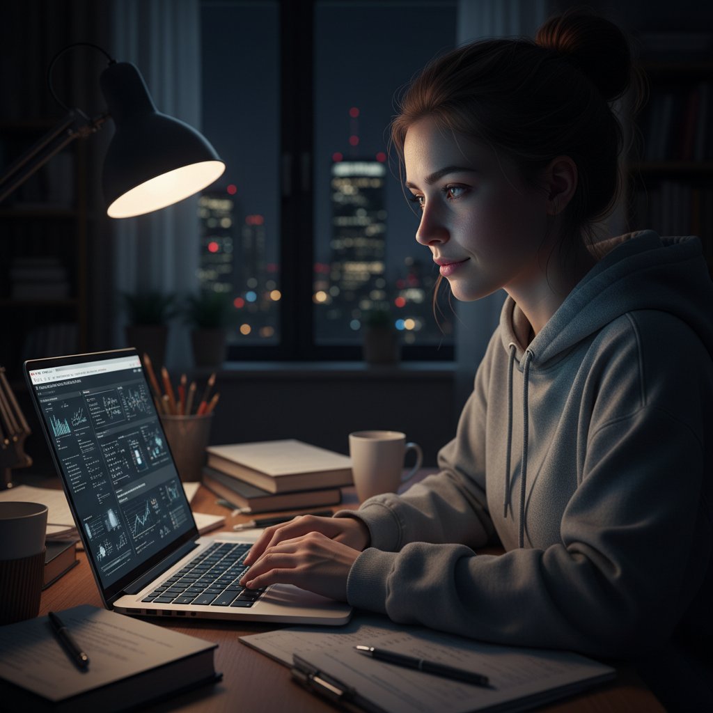Closeup of a PhD student's face and hands at night, hopeful expression amid academic chaos, illuminated by laptop