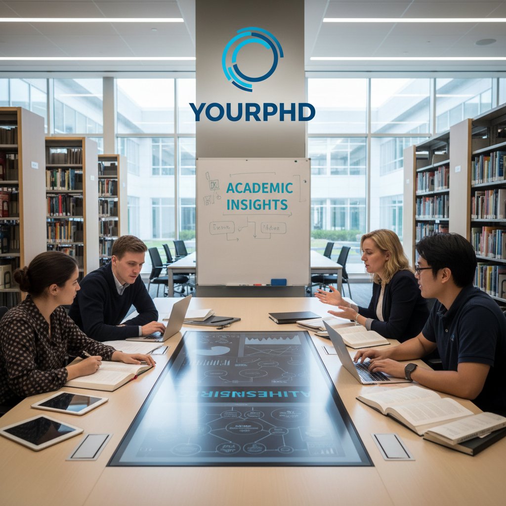 A group of PhD students collaborating around a table, referencing laptops and discussing insights, with a your.phd logo in the background