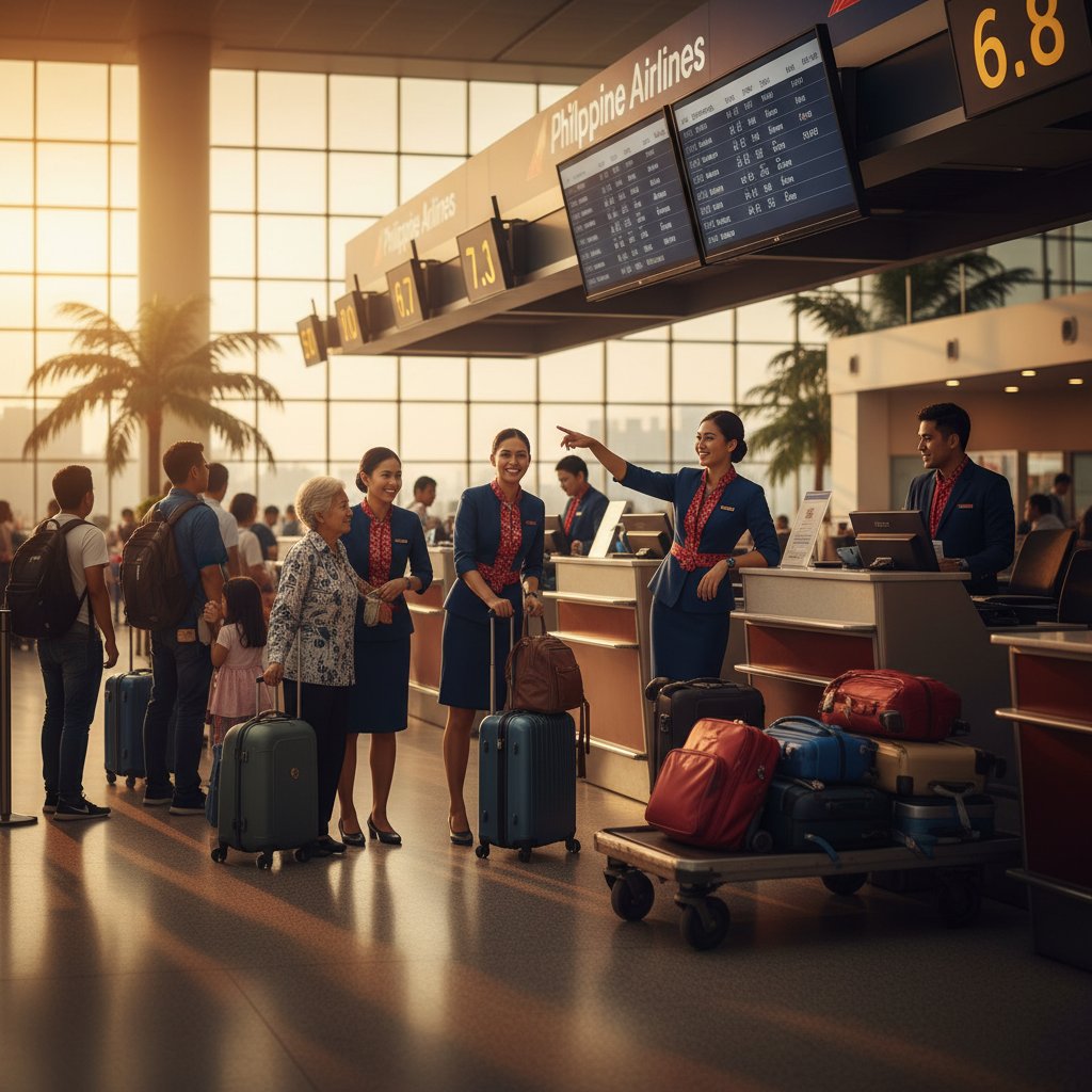 Philippine Airlines crew assisting passengers at check-in, busy terminal, candid moment, 16:9, warm tones