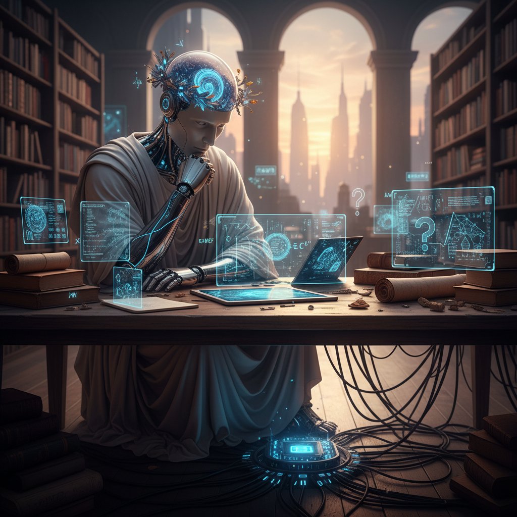 Filozof, AI i robot rozmawiający przy stole – symbol refleksji nad automatyzacją pracy