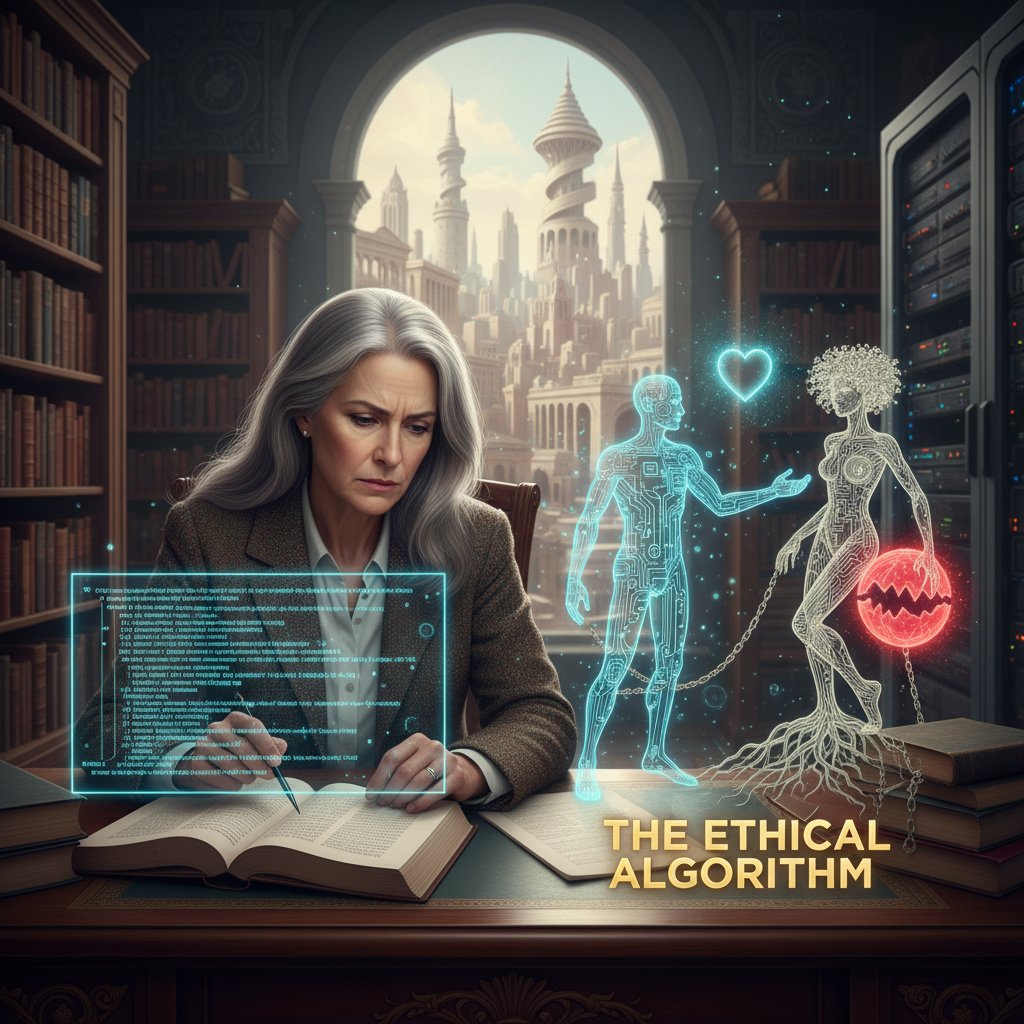 Zdjęcie przedstawiające filozofa analizującego kod sztucznej inteligencji, symbolizujące dylematy etyczne