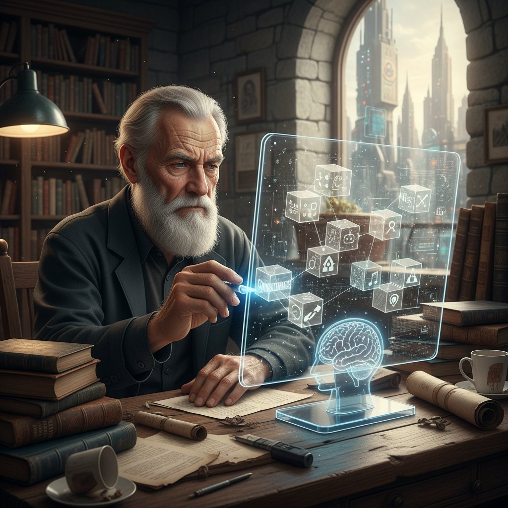 Zdjęcie filozofa rozważającego zagadkę świadomości przed komputerem z wizualizacją AI