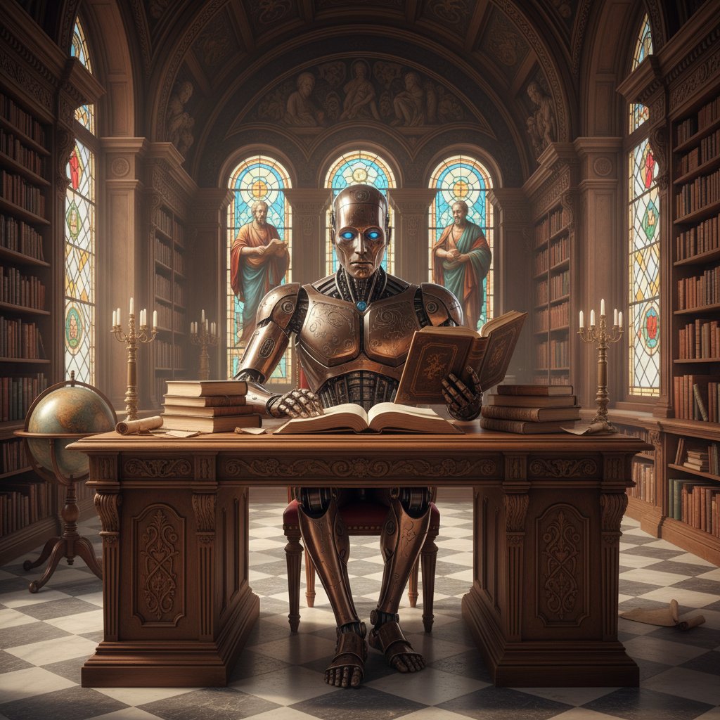 Zdjęcie filozofa rozmawiającego z humanoidalnym robotem w bibliotece – dialog człowiek-maszyna