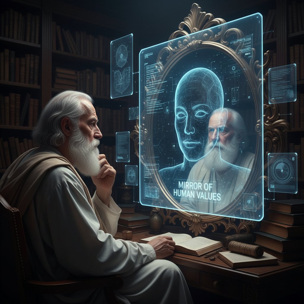 Zdjęcie filozofa patrzącego w ekran z wygenerowanym przez AI tekstem o moralności, symbolizujące lustro dla ludzkich wartości