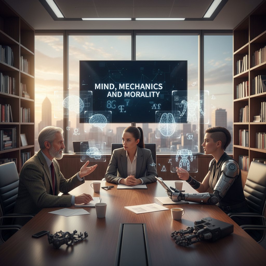 Debata ekspertów o świadomości AI – realistyczny portret filozofki, neuronaukowca i inżyniera przy stole w ciemnym pokoju