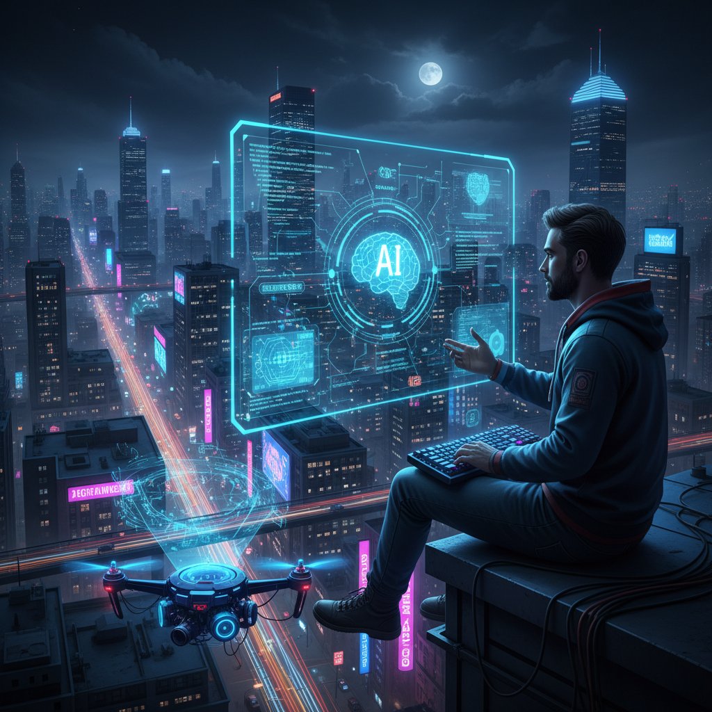 Zdjęcie przedstawiające filozofa i programistę podczas dyskusji o świadomości AI w miejskim otoczeniu, noc