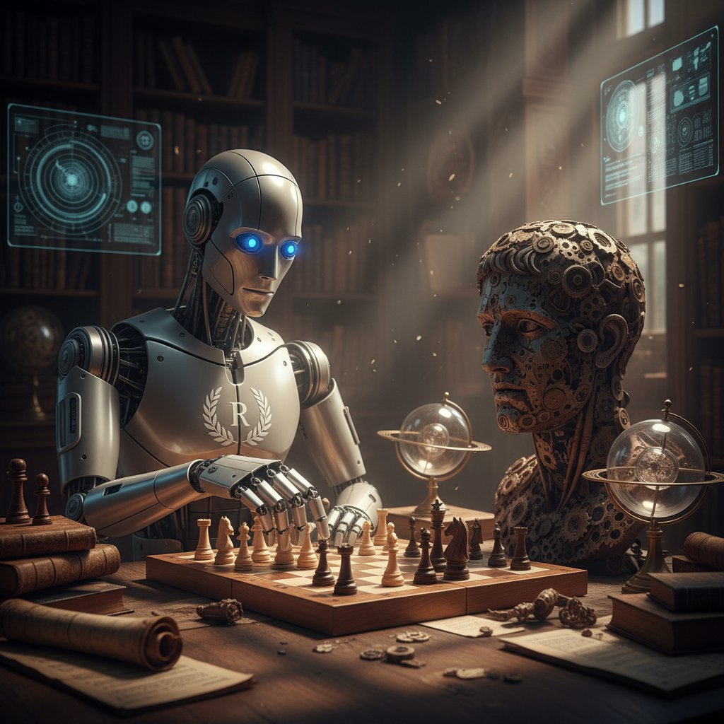 Filozof i robot przy szachownicy w głębokiej rozmowie