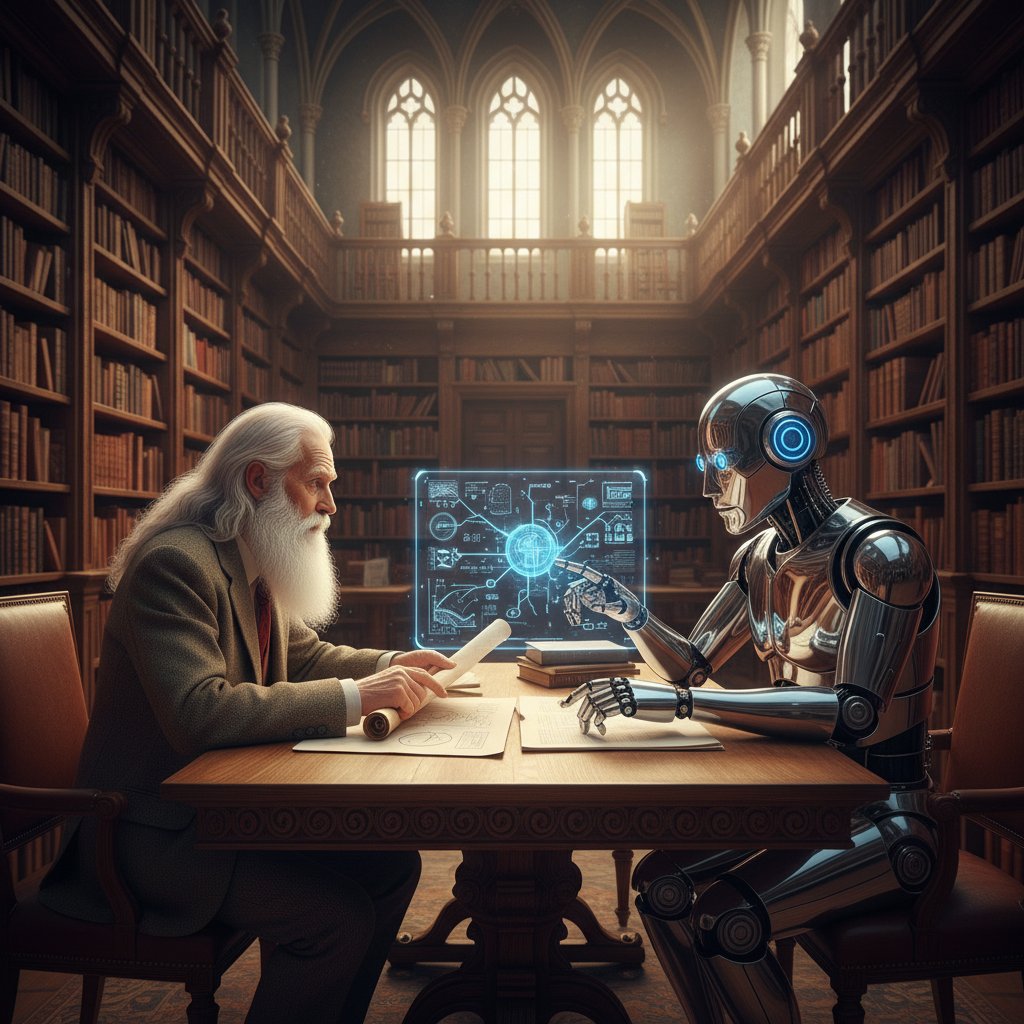 Symboliczna scena: filozof i robot prowadzący dyskusję na tle biblioteki – filozoficzne zagadnienia automatyzacji pracy