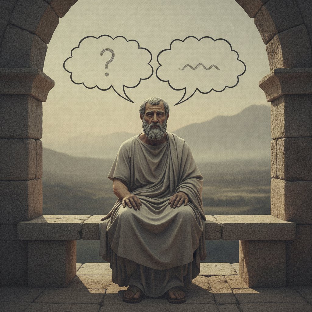 Filozof otoczony powtarzającymi się dymkami wypowiedzi, znudzony wyraz twarzy, wyblakłe kolory