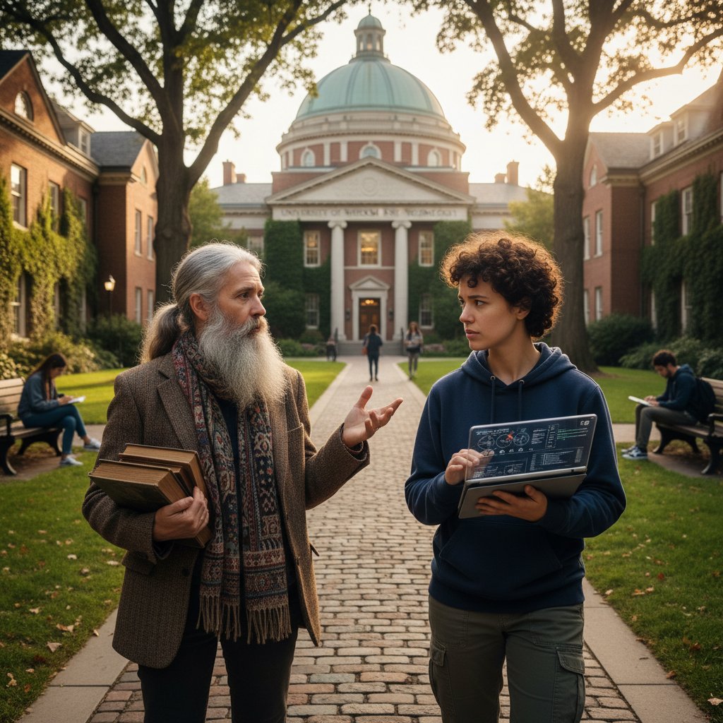Filozof i inżynier AI rozmawiający podczas debaty na kampusie uniwersyteckim