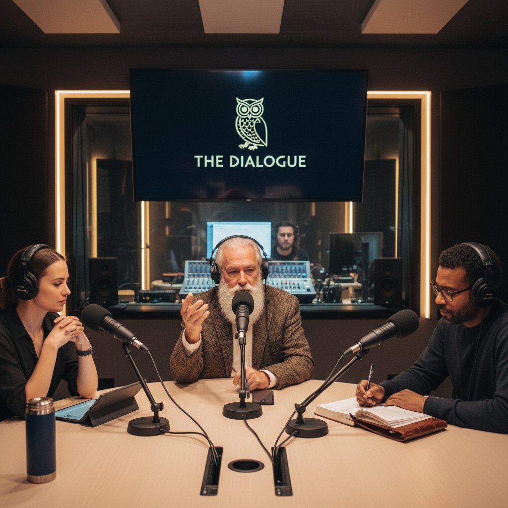 Podcaster prowadzi rozmowę z filozofem w profesjonalnym studio; mikrofony i notatki na stole