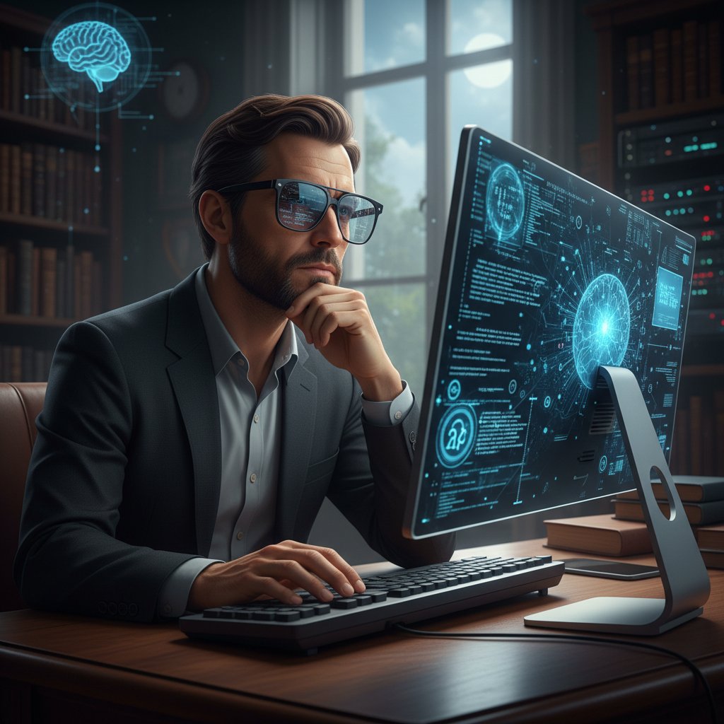 Człowiek myślący nad komputerem, światło ekranu odbija się w okularach – filozoficzne aspekty nowych technologii