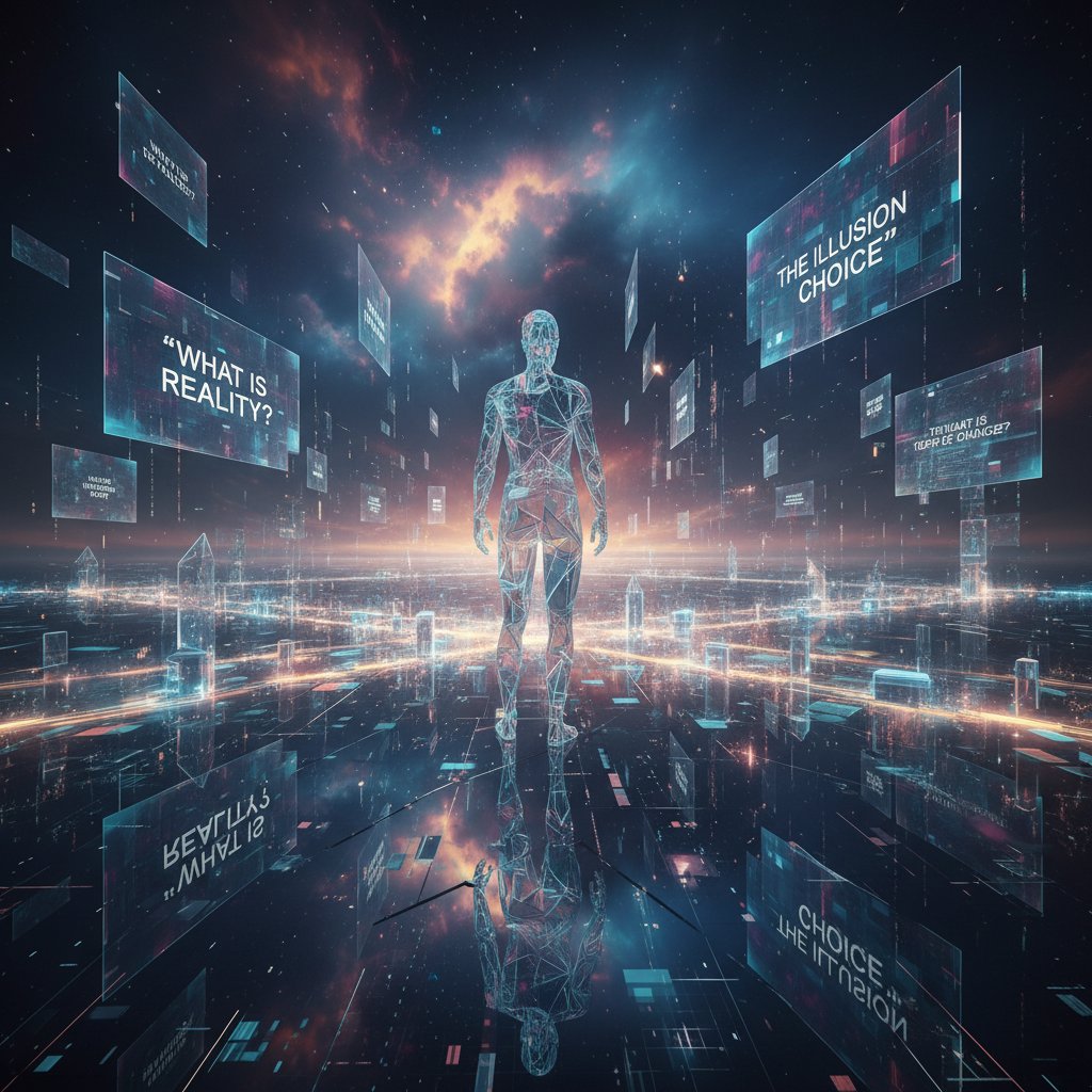 Abstrakte Figur an digitaler Weggabelung mit surrealem Licht, symbolisiert Entscheidungen bei digitaler Mystik