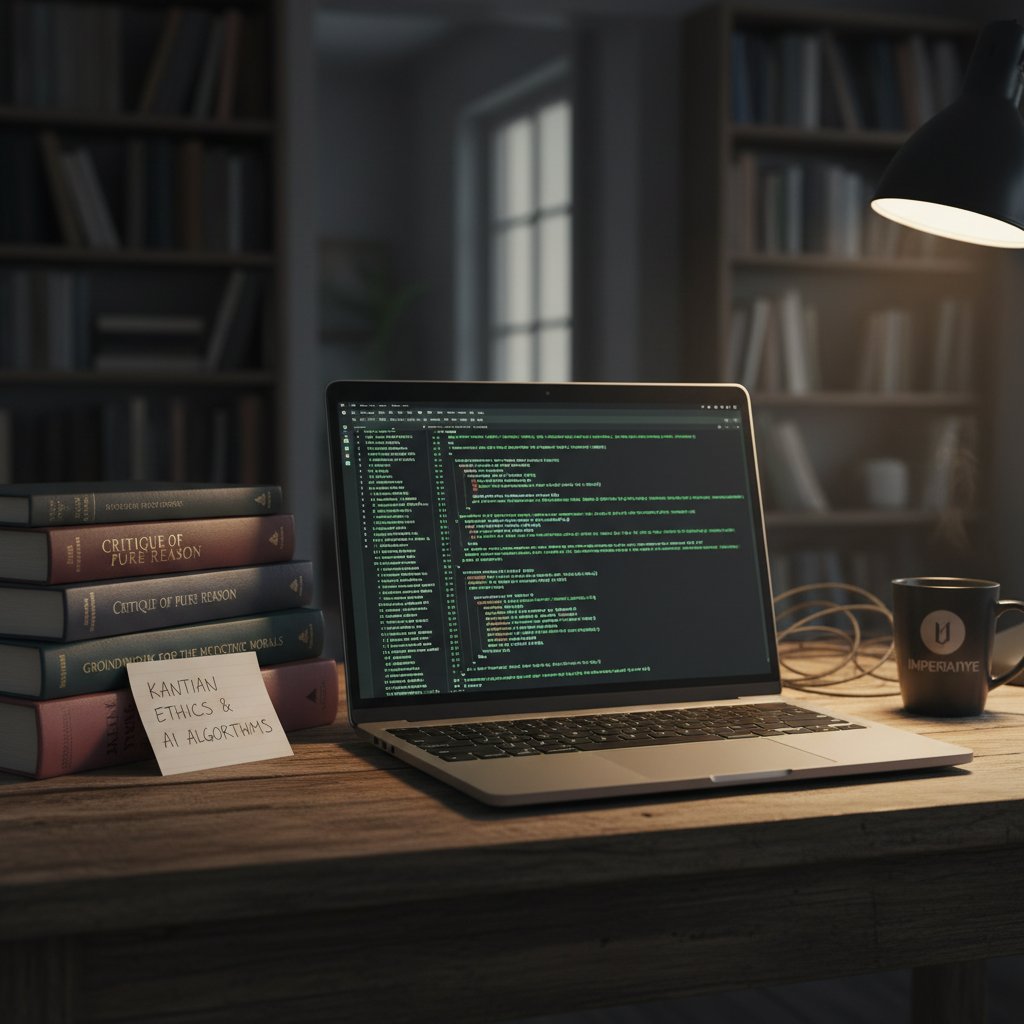 Fotografia: stos starych książek filozoficznych i laptop z wyświetlonym kodem AI, symbolizujący starcie Kantyzmu z nowoczesną technologią