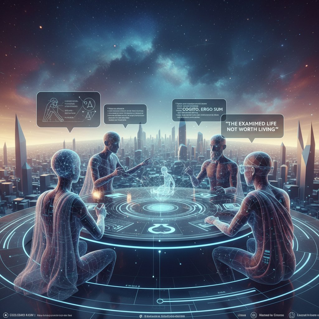 Uczestnicy filozoficznej debaty w wirtualnej rzeczywistości, awatary w trójwymiarowej przestrzeni