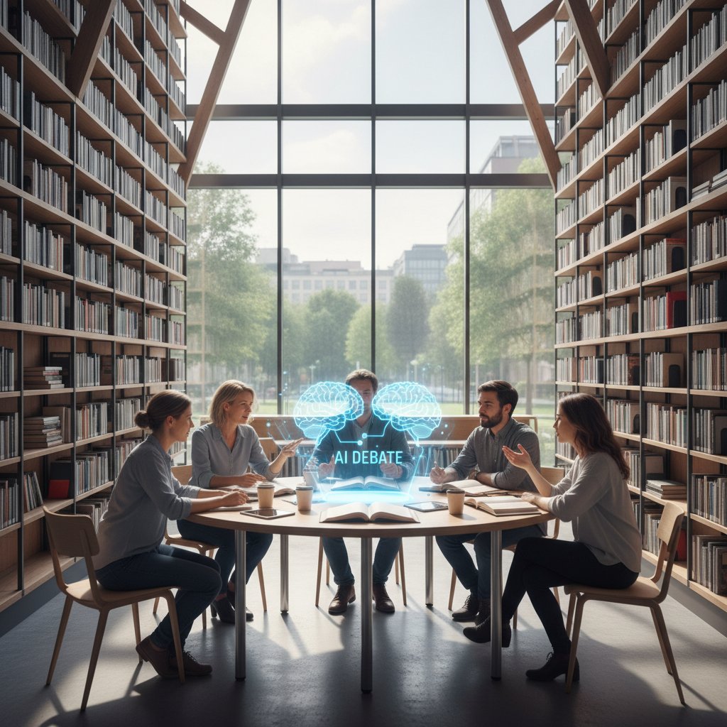 Grupa osób dyskutująca w nowoczesnej bibliotece, symbol filozoficznej debaty o AI