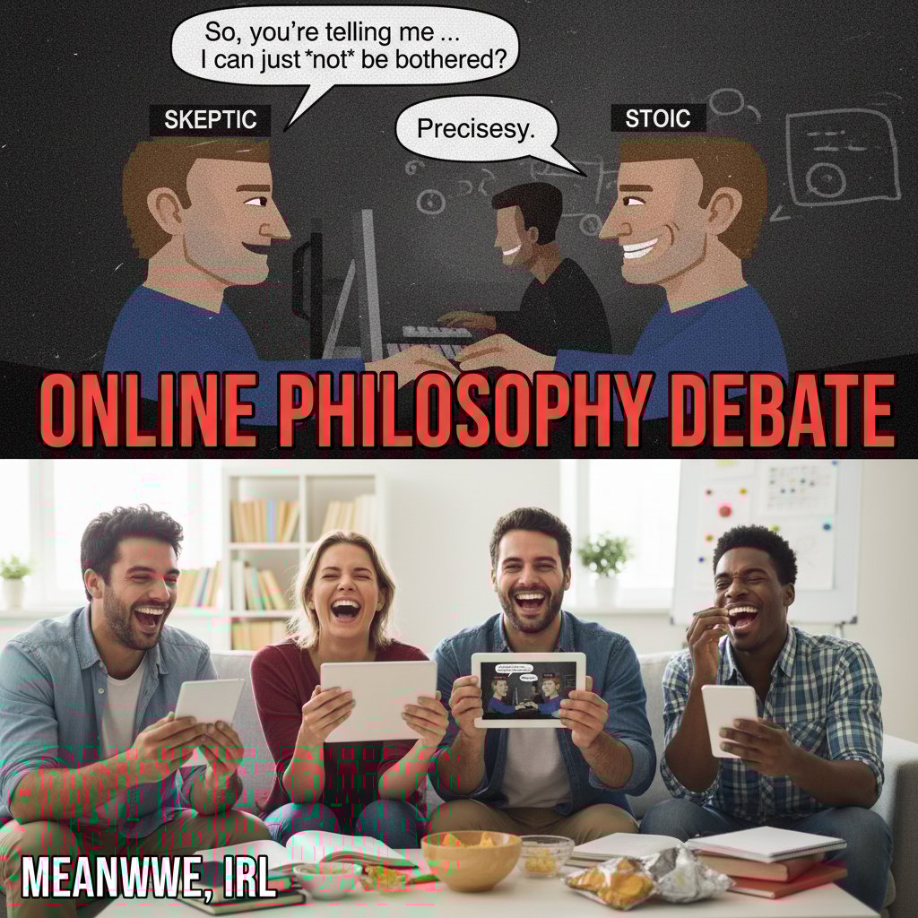 Memy filozoficzne używane jako argumentacja w dyskusji online, ludzie śmiejący się przed ekranami
