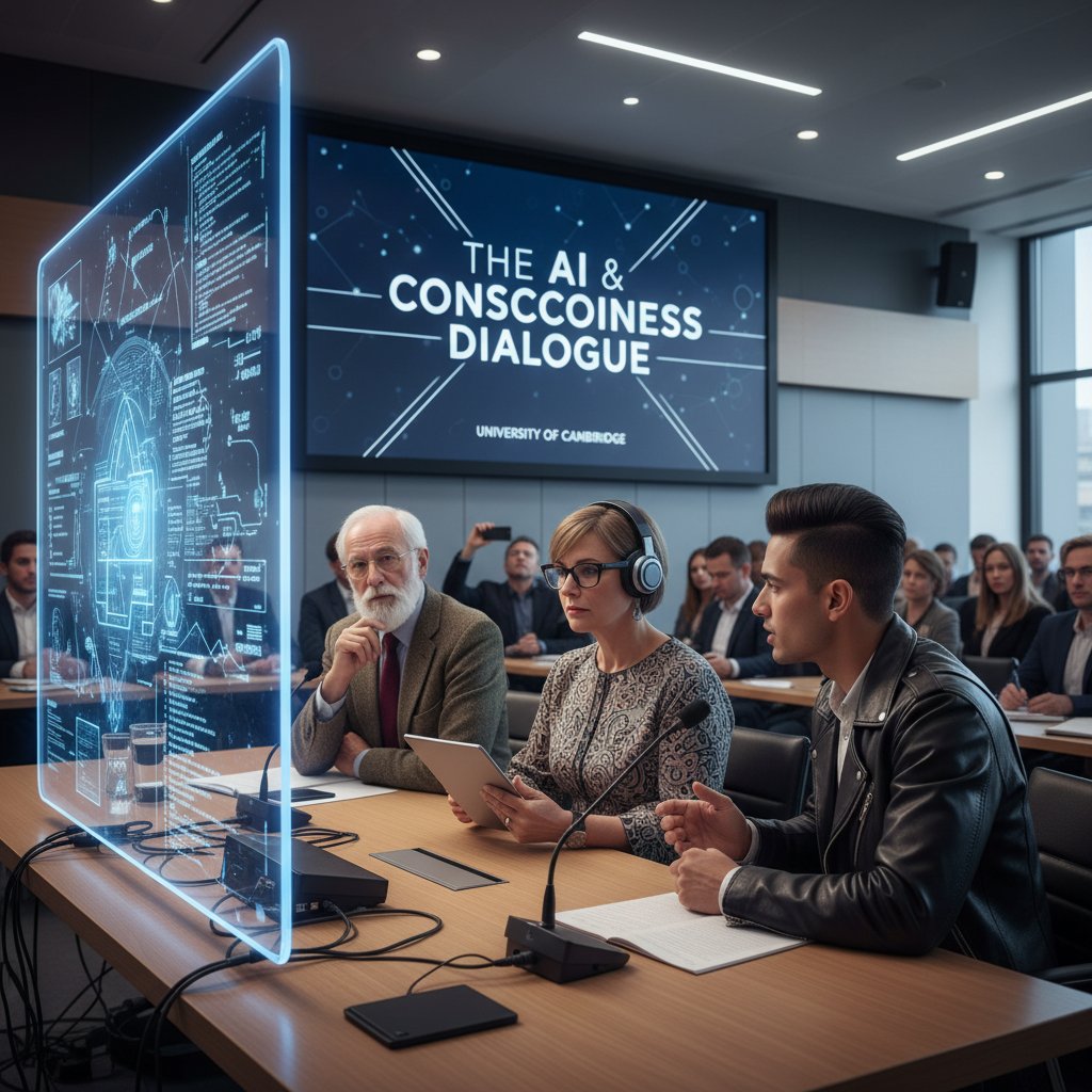 Panel dyskusyjny w uczelni, filozofowie i eksperci AI debatujący. Tematyka: świadomość maszyn, filozofia AI