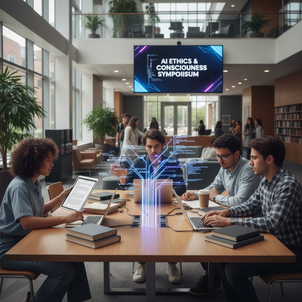 Grupa studentów filozofii dyskutujących o AI na uczelni