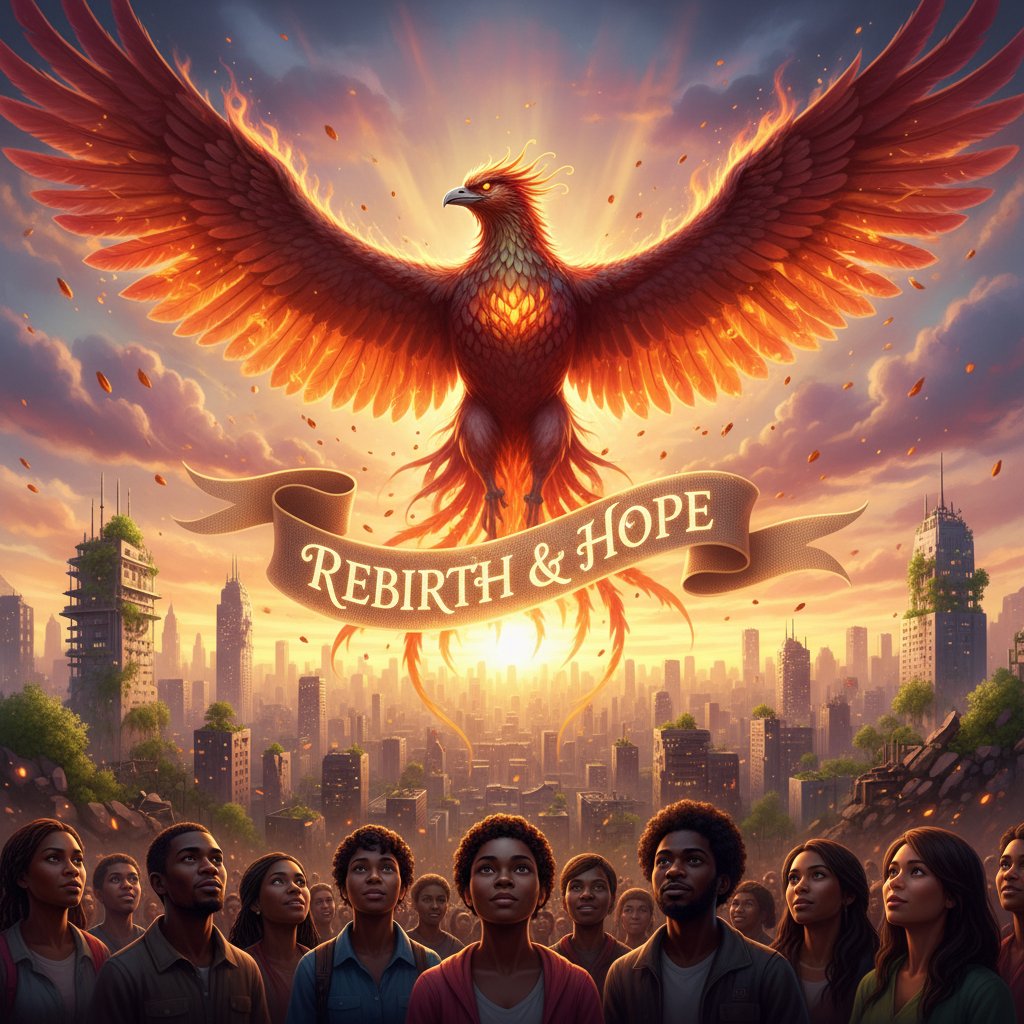 Symbolic photo of a phoenix rising in a cityscape