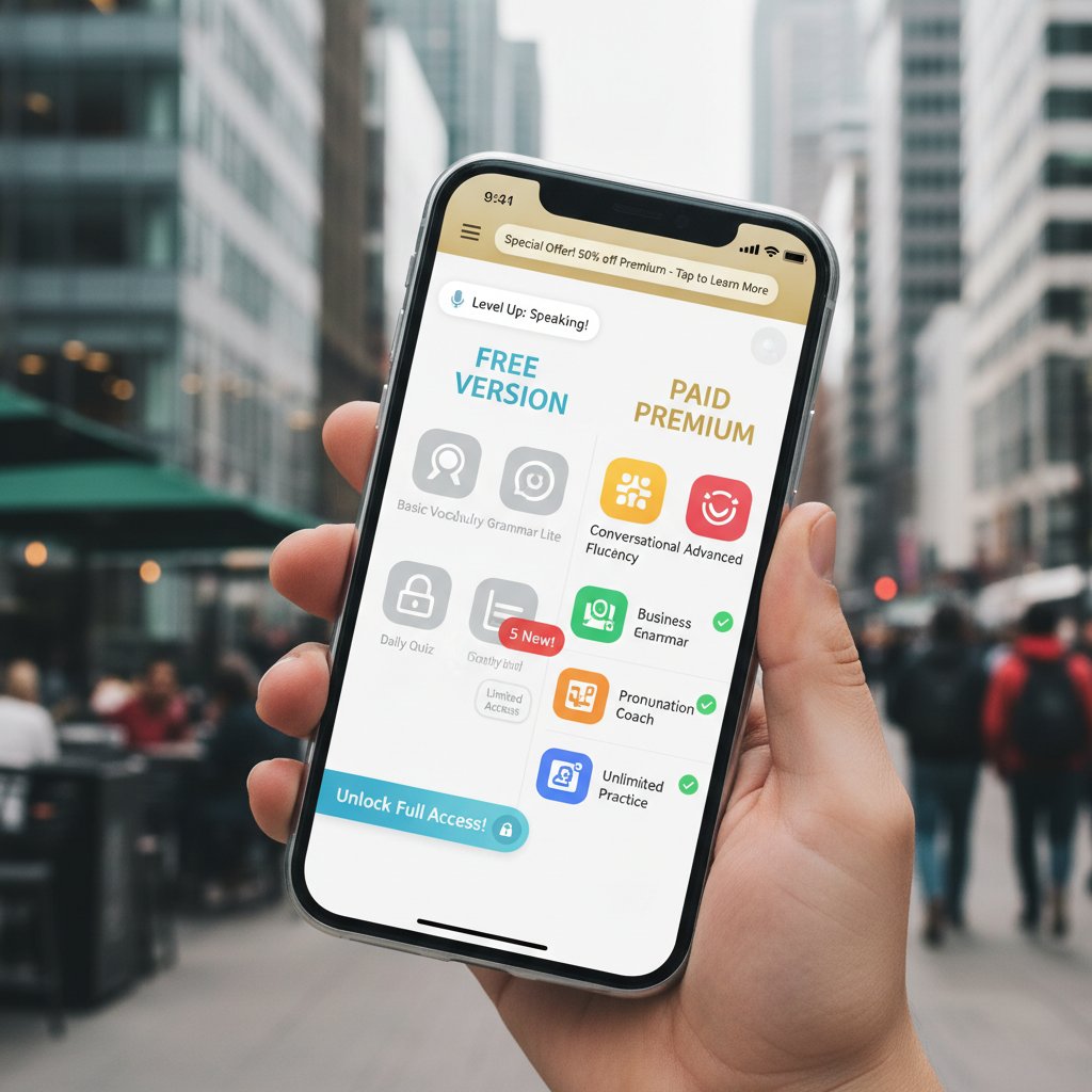 Telefon z aplikacją do nauki angielskiego, widoczne powiadomienia o płatnych funkcjach – darmowe vs płatne kursy języka angielskiego online