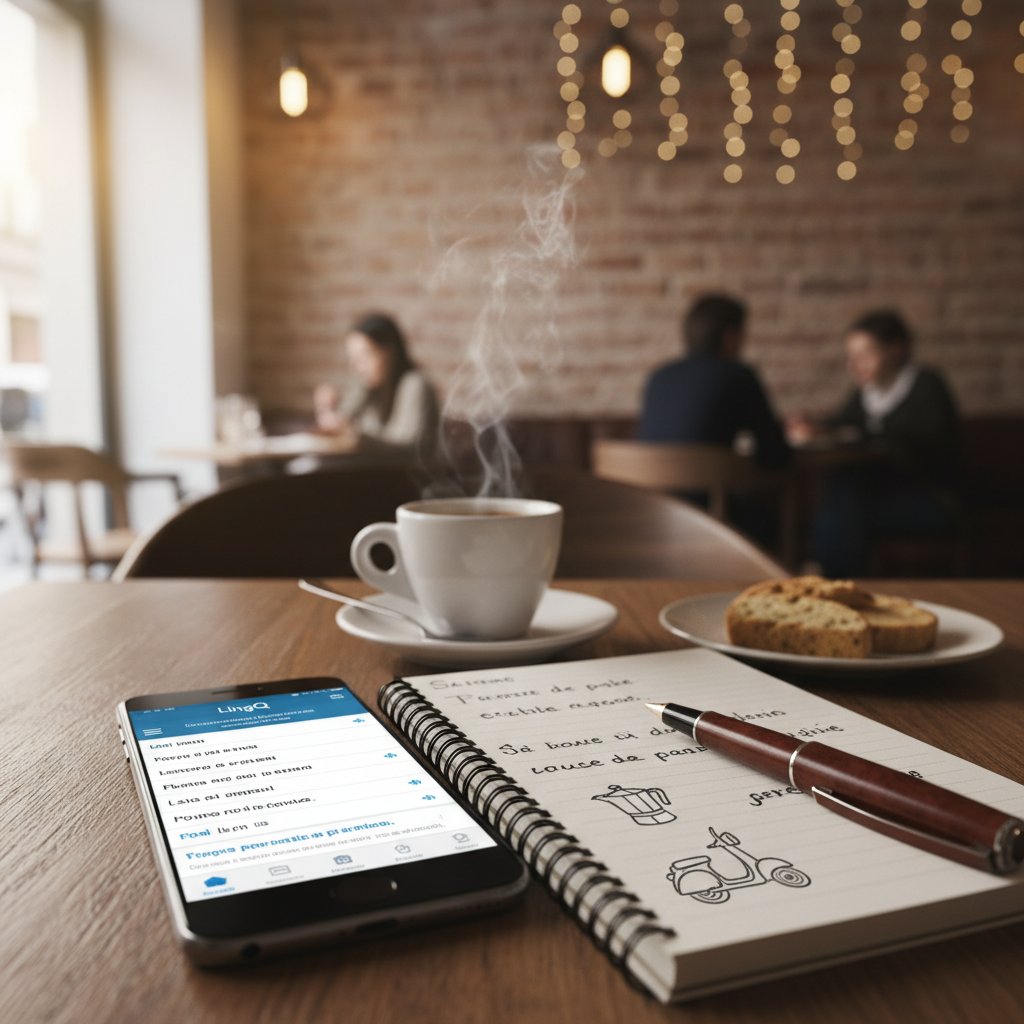 Ekran telefonu z włączoną aplikacją LingQ i notatnikiem, na tle włoskiej kawiarni