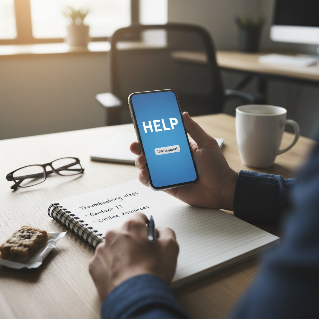 Telefon i notes na stole – ilustracja szukania pomocy i zapisanych numerów wsparcia