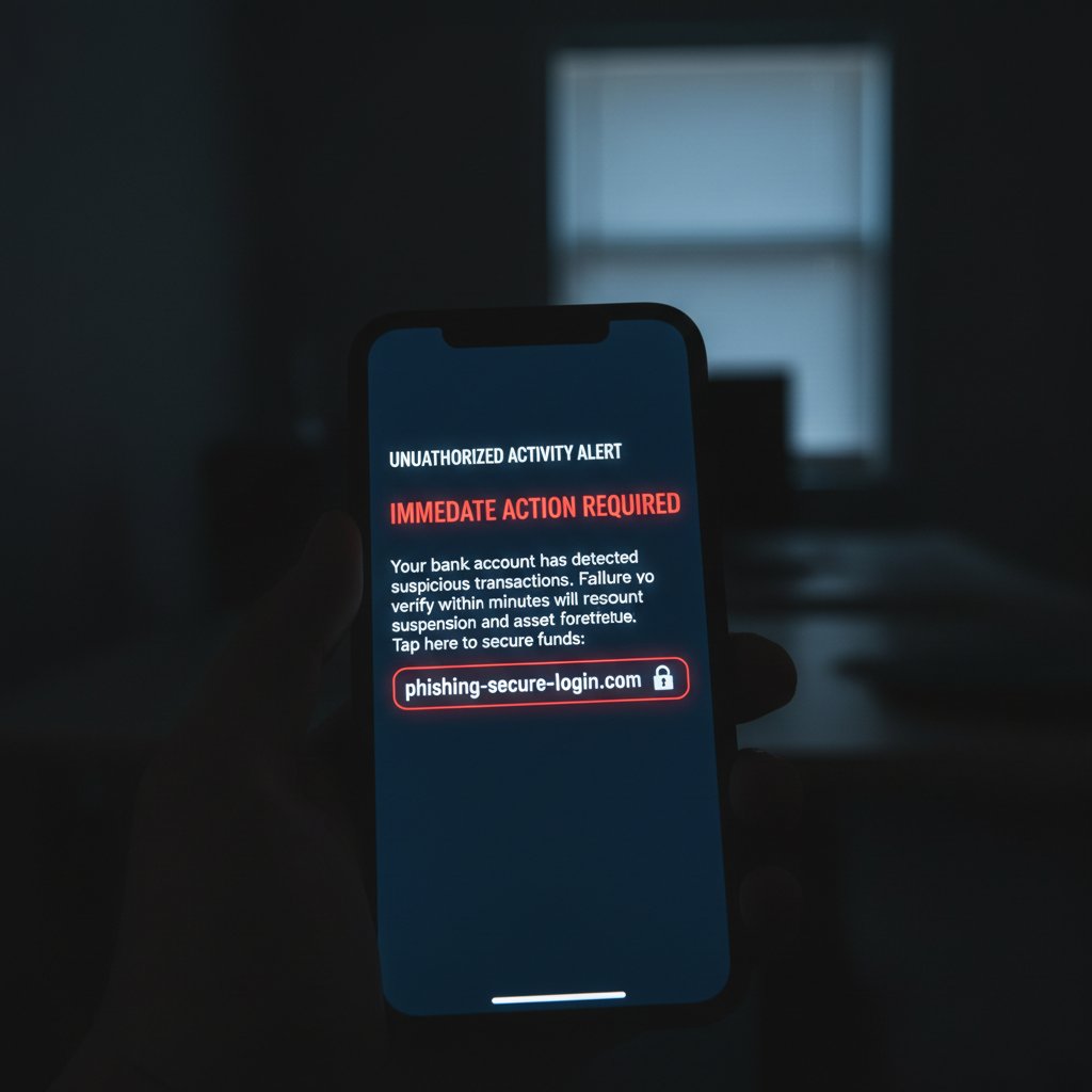 Telefon z komunikatem phishingowym, ciemne tło, atmosfera zagrożenia