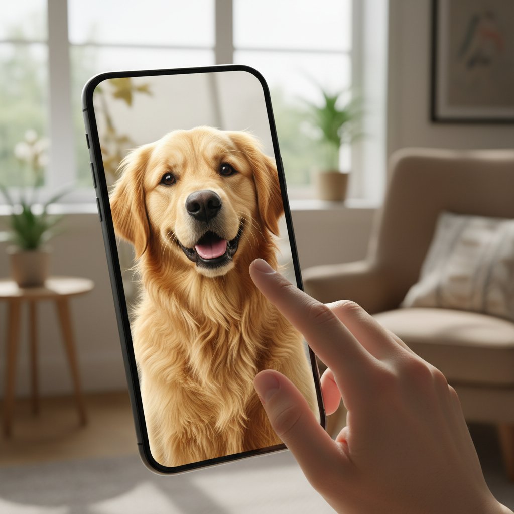 Telefon z wyświetlonym realistycznym psem AI, użytkownik głaszcze ekran w świetle dziennym