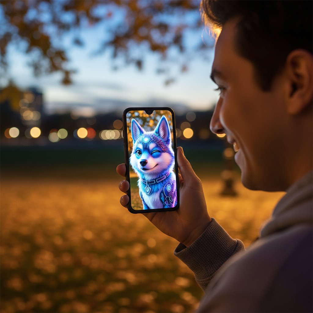 Telefon z wyświetlonym wirtualnym psem AI, użytkownik uśmiecha się i rozmawia z pupilem, atmosfera wieczorna