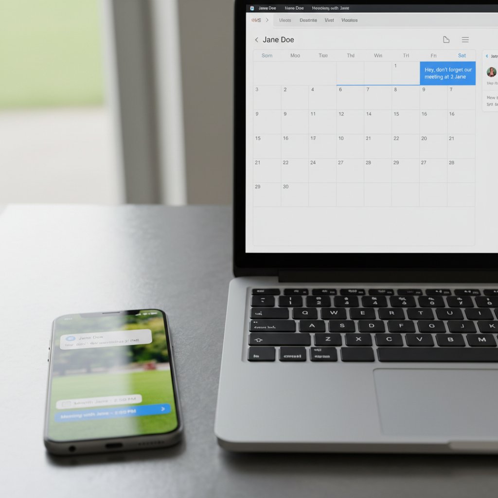 Telefon z powiadomieniem SMS o spotkaniu obok laptopa z otwartą aplikacją kalendarza