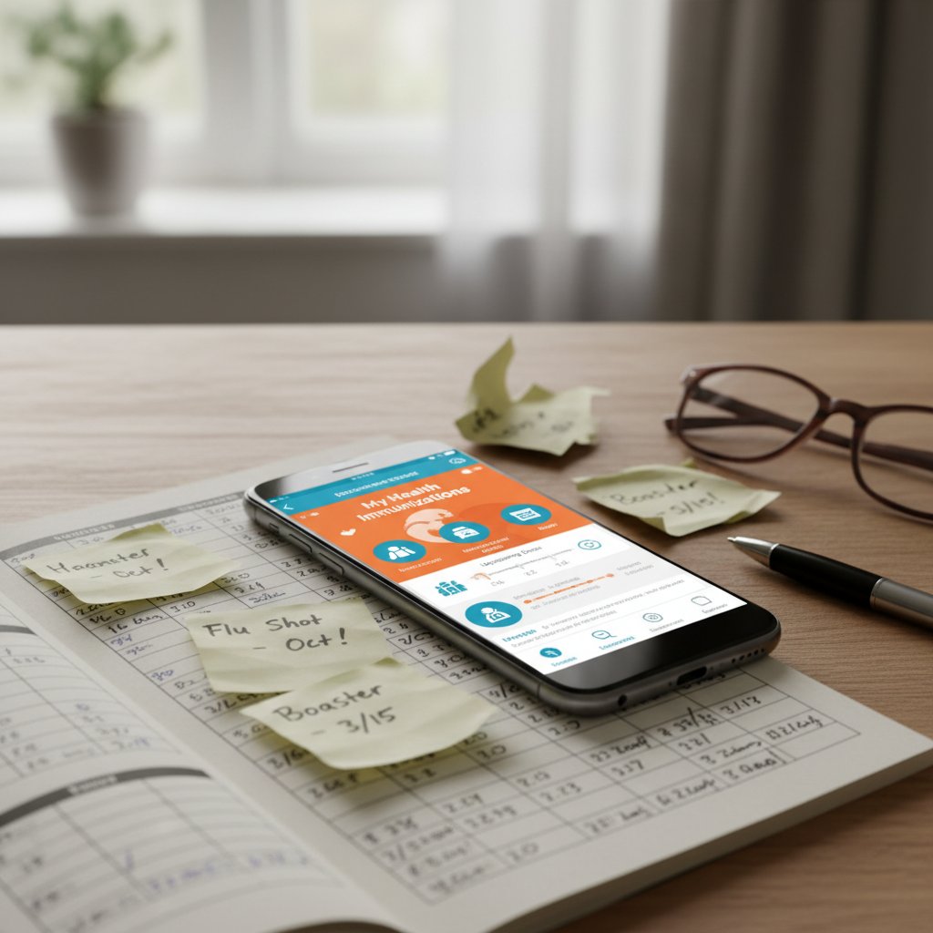Zbliżenie na telefon i ekran z aplikacją kalendarza szczepień, w tle papierowy terminarz i notatki