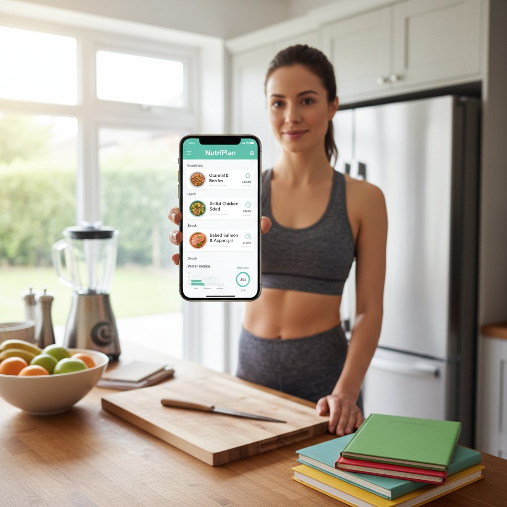 Telefon z aplikacją do monitorowania diety, kobieta przegląda plan posiłków na tle kuchni