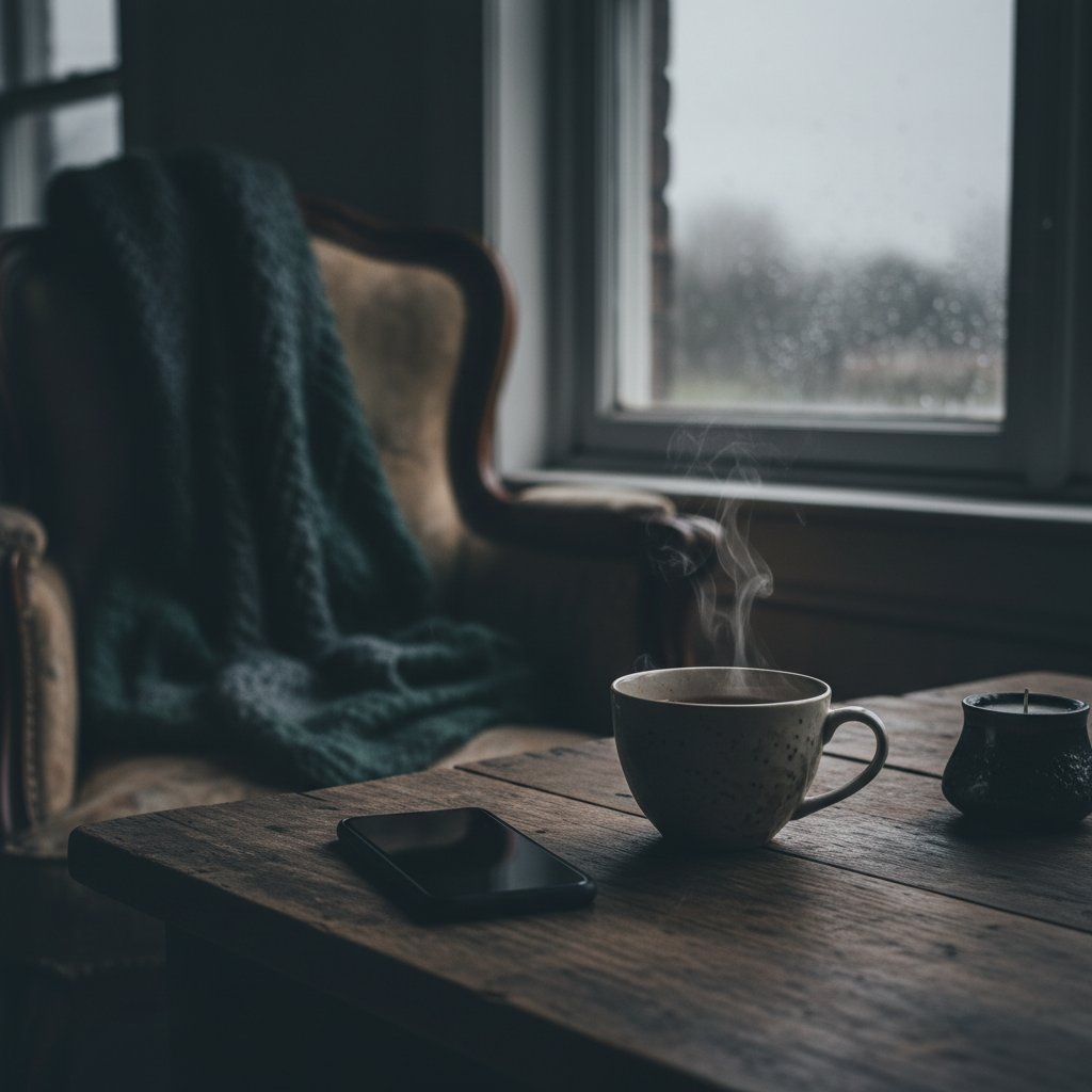 Telefon wyłączony obok filiżanki herbaty, symboliczny digital detox