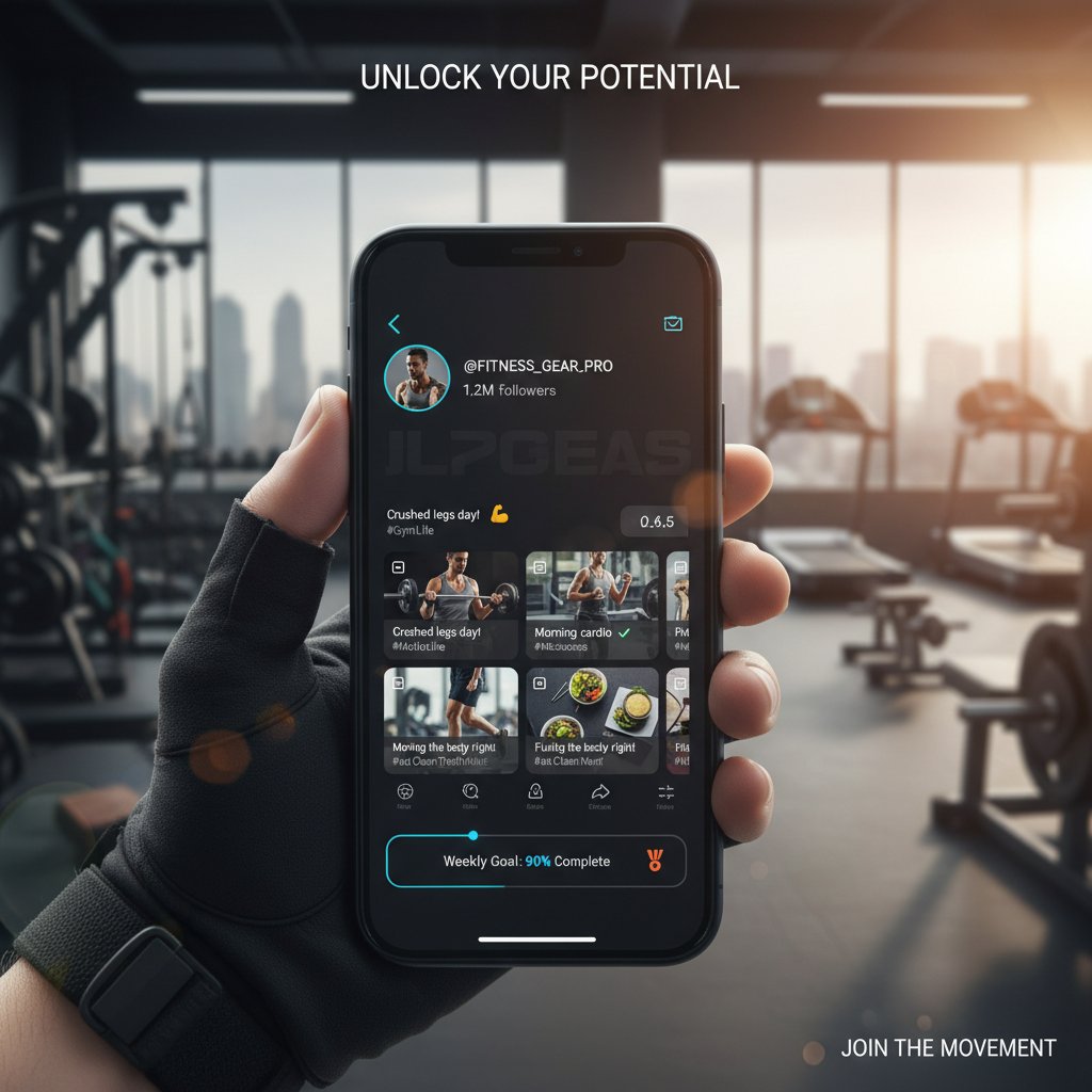 Telefon komórkowy z wyświetlonym profilem fitnessowym na tle siłowni – symbol wpływu social media