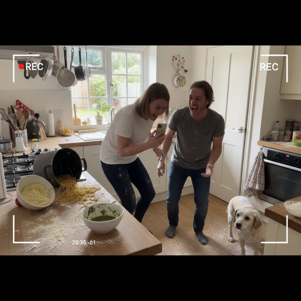 Telefon na statywie nagrywający kuchenny fail, przewrócone miski, śmiech w tle