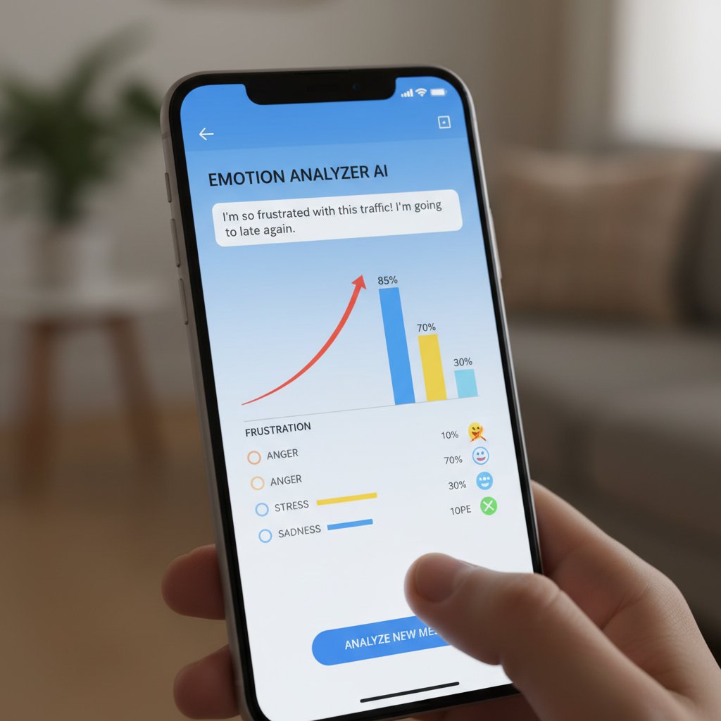 Zbliżenie na ekran telefonu z aplikacją AI analizującą wiadomość użytkownika